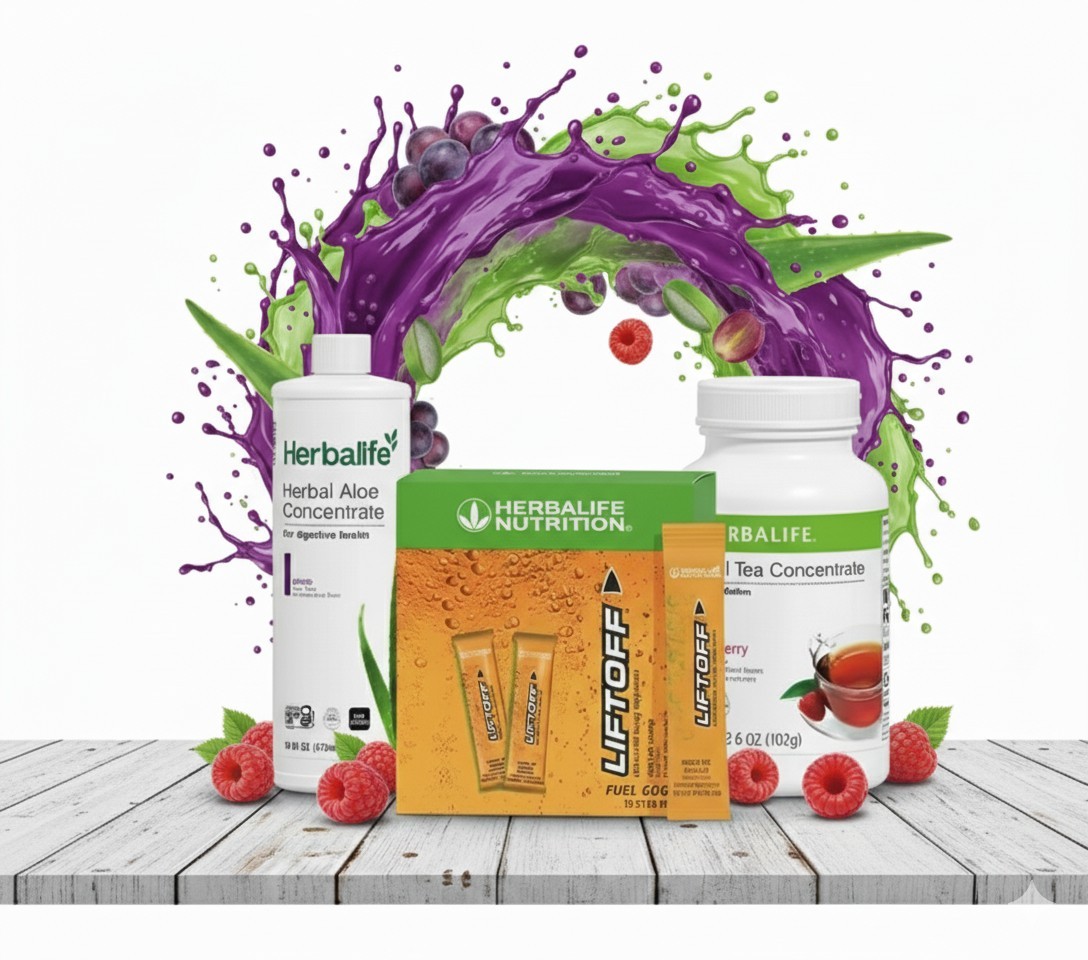 Herbalife Raspberry Tea 3.6oz+Grape Aloe Pint+30 Ignite-Me Orange Liftoff Stks