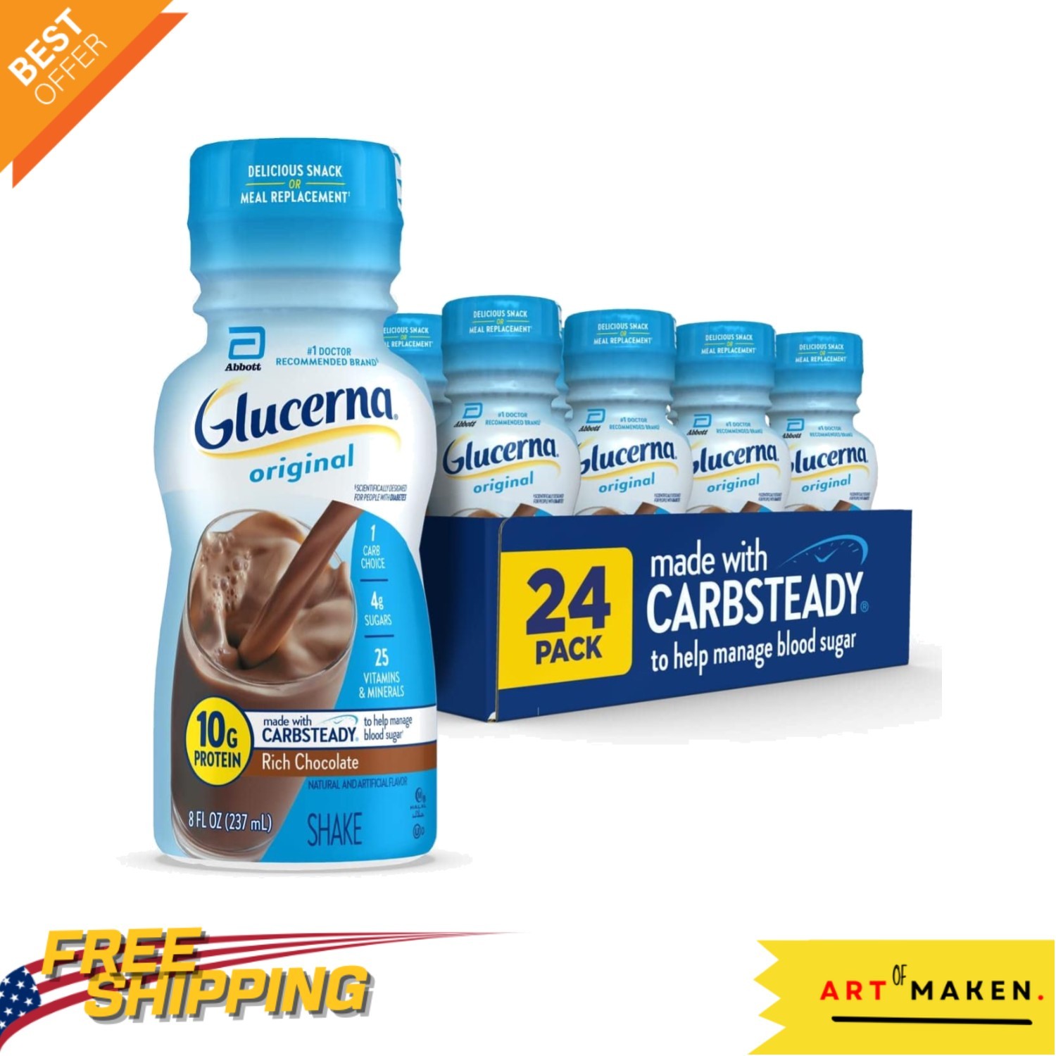 Diabetic Meal Replacement Shake – Rich Chocolate, 10g Protein, 24 Ready-to-Drink