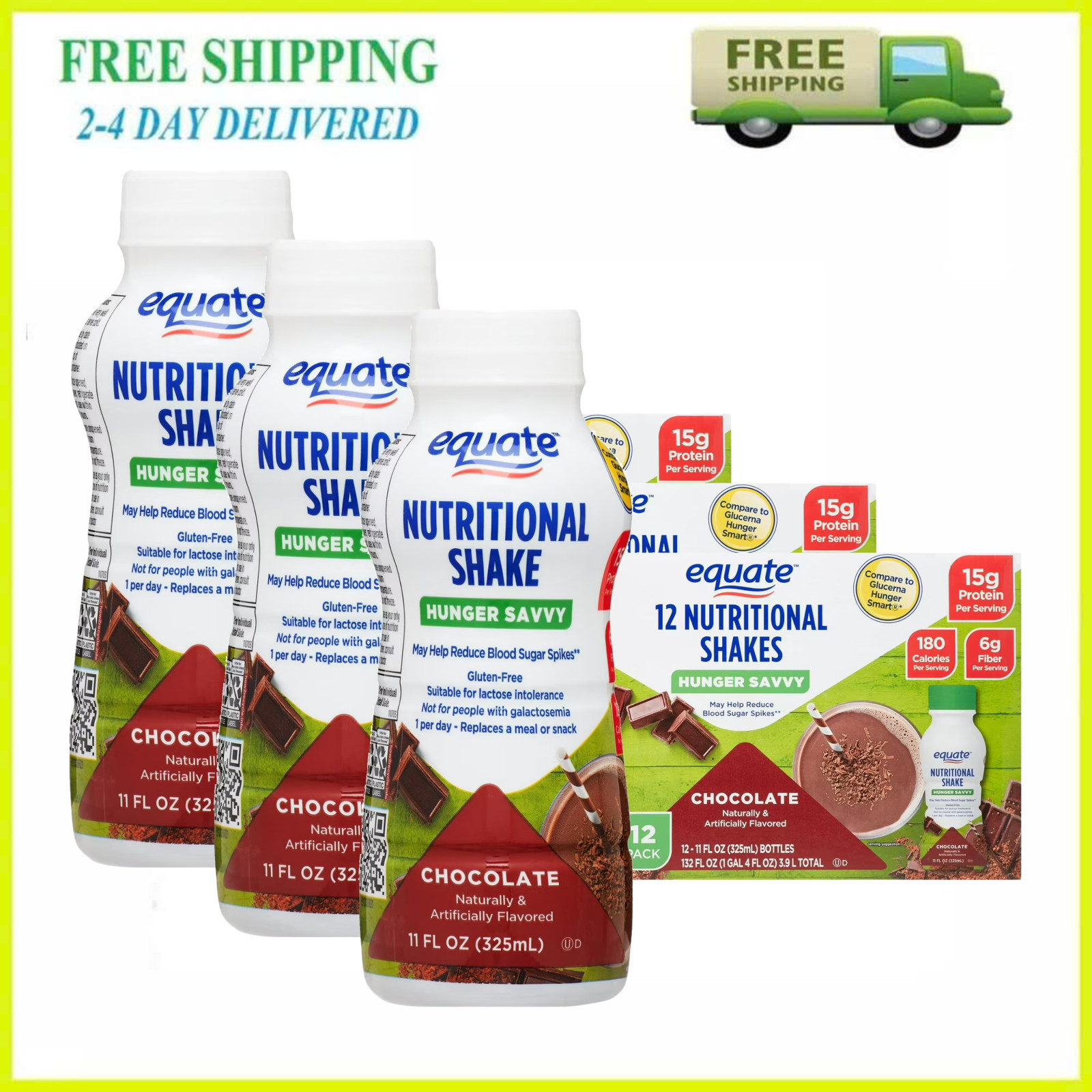 3 Pack Equate Hunger Savvy Chocolate Nutritional Shake 11oz 12 Ct (36 Bottles)