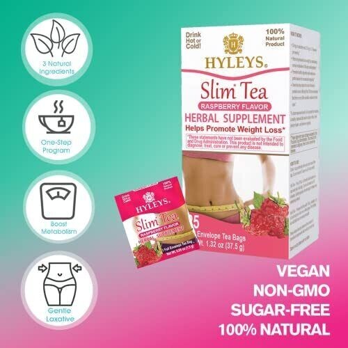 4-PACK Hyleys Slim Tea NO GMO Raspberry 100% Natural 25 tea bags, EXP 10/25