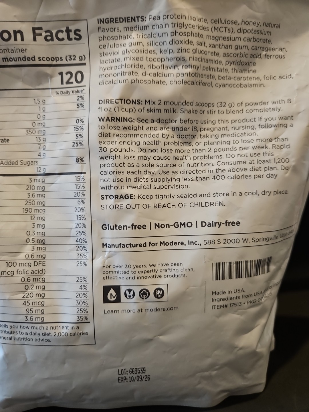 Modere Vanilla Meal Replacement Shake 1.1 LB VEGAN Non-GMO Non- DAIRY Exp 10/26