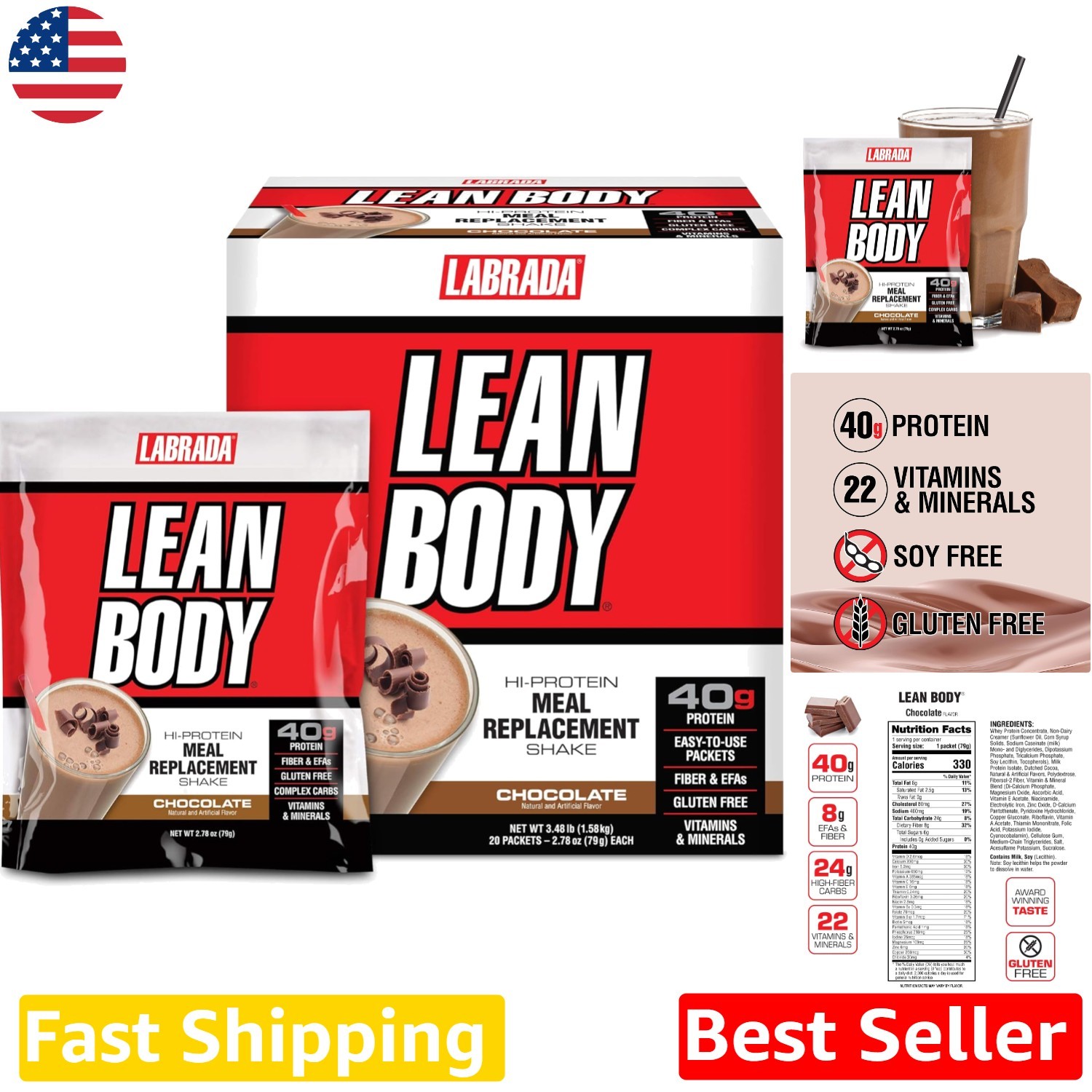 Nutrition Lean Body Chocolate Shake: 20 Packets, 40g Protein, Fast/Slow Release