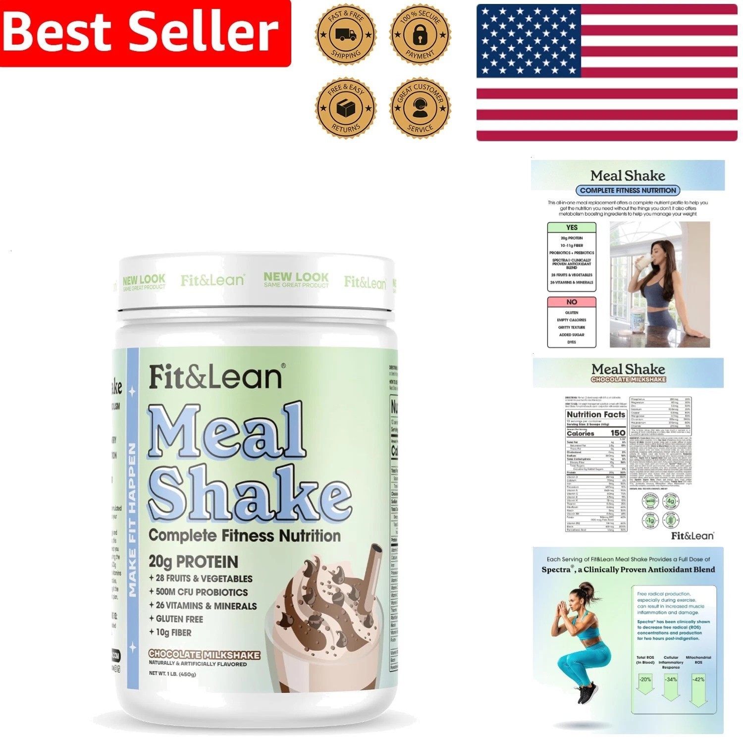 Meal Replacement Shake 1lb Chocolate Protein 28g Fiber Probiotics Gut Health