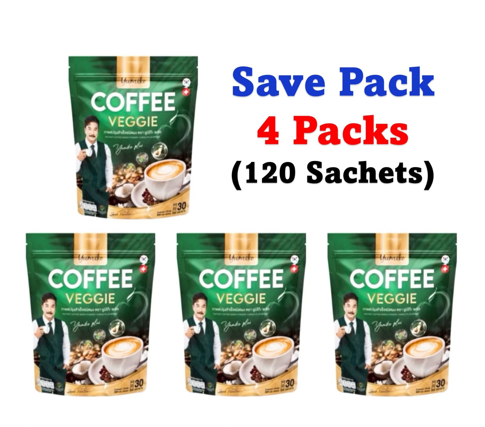 4 X Yumiko Veggie Coffee Chlorophyll Instant Coffee Powder 30 Sachets