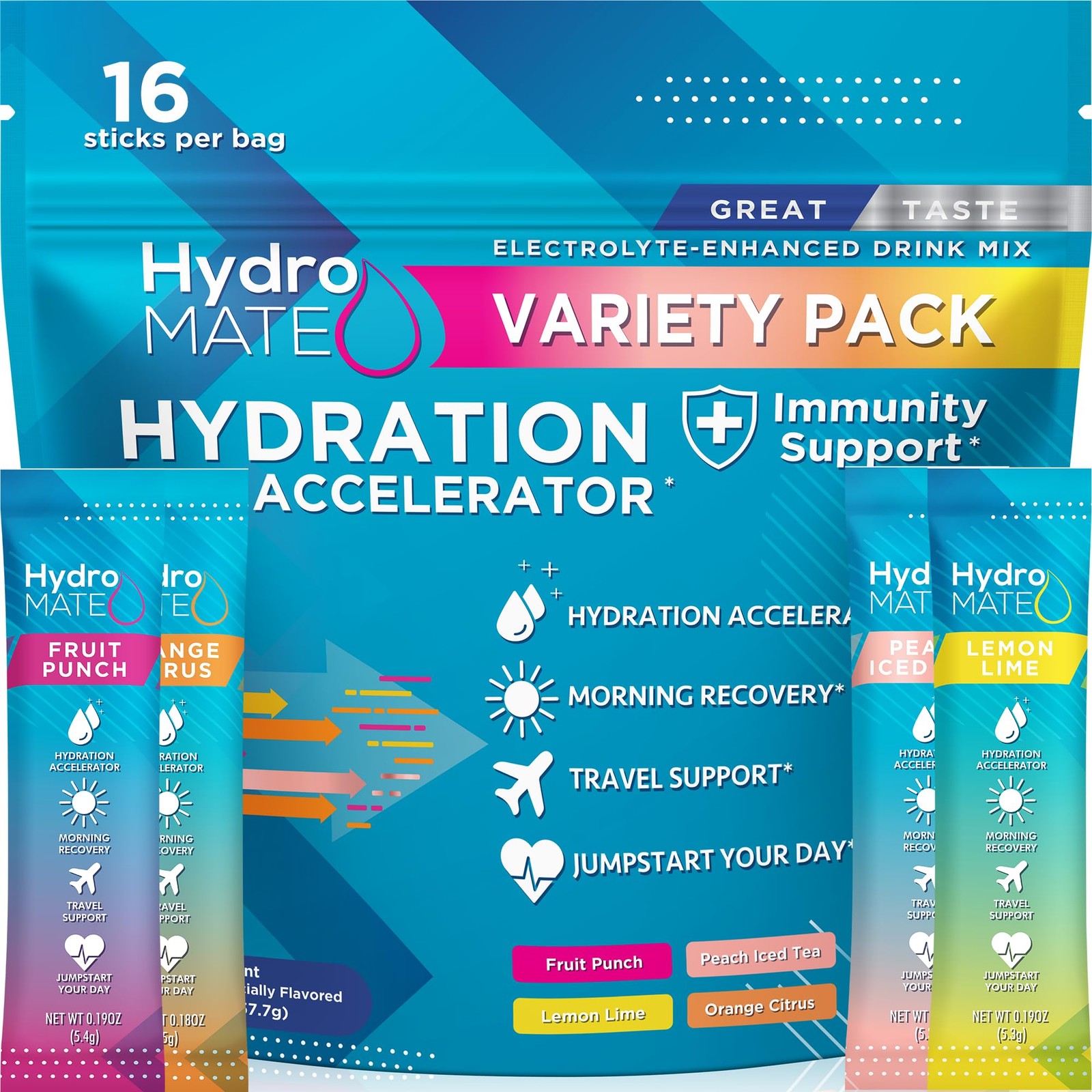 HydroMATE Electrolytes Powder Packets Low Carb 16 Count (Pack of 1), Blue