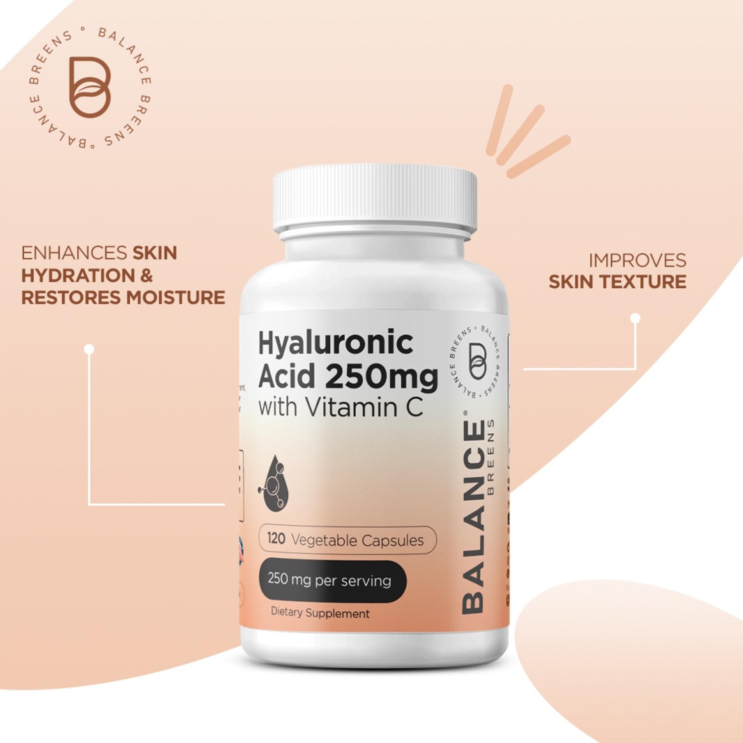 Pure Hyaluronic Acid Supplement 250mg with Vitamin C 120 Count (Pack of 1)