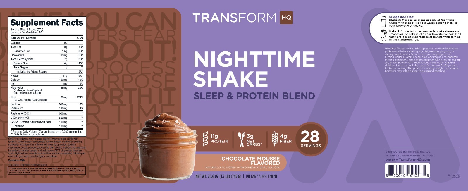 TransformHQ Nighttime Meal Replacement Shake, Chocolate Mousse Flavor, 1.4 LB