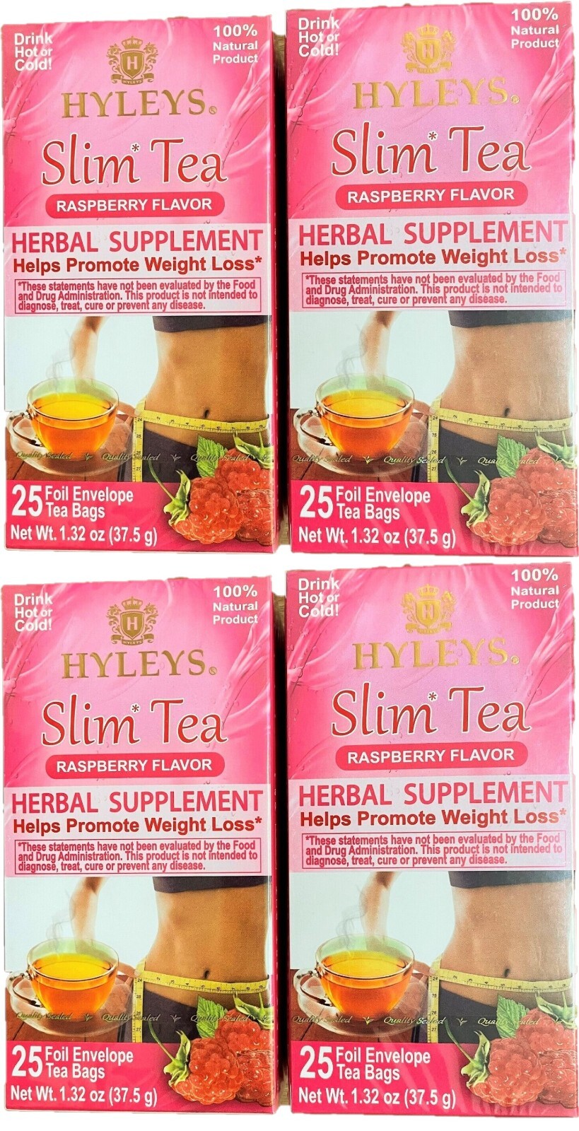 4-PACK Hyleys Slim Tea NO GMO Raspberry 100% Natural 25 tea bags, EXP 10/25