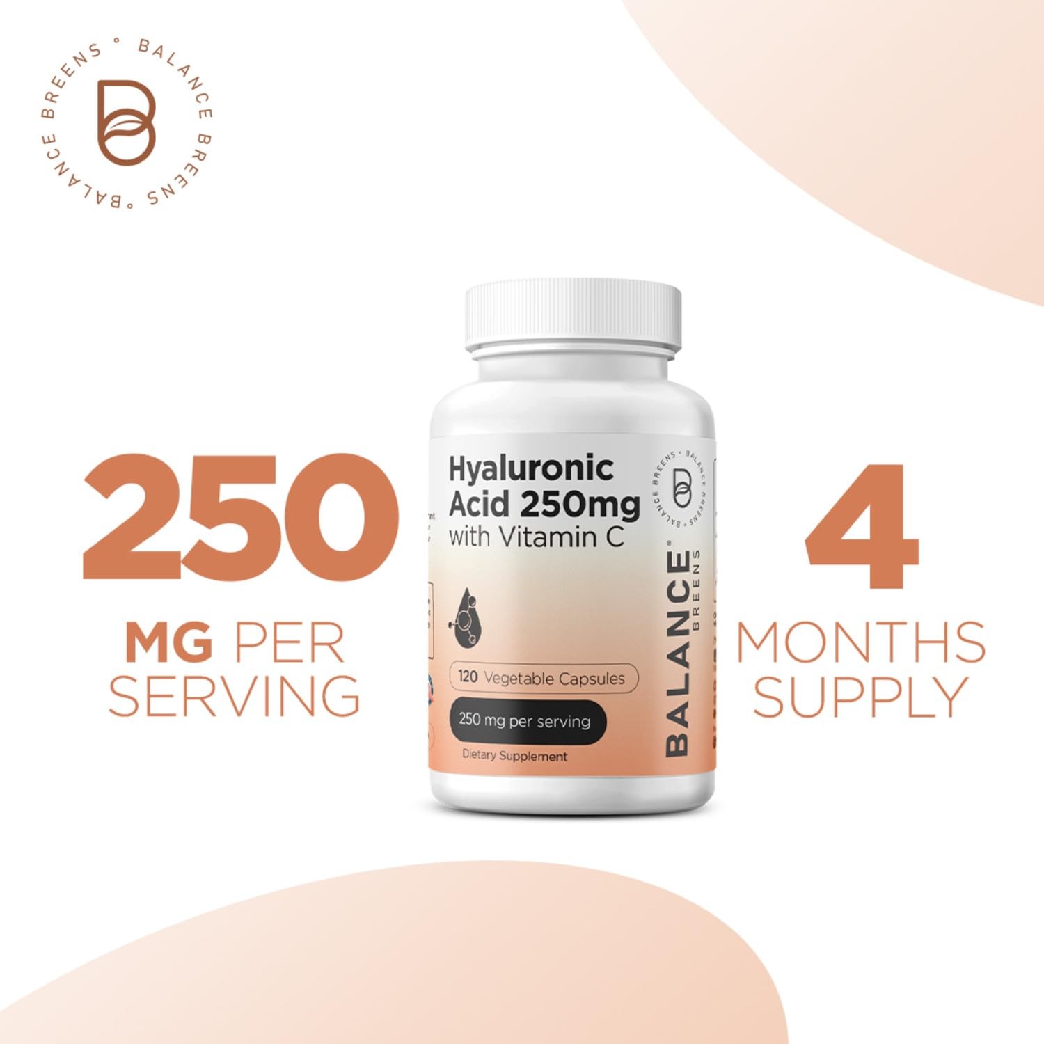 Pure Hyaluronic Acid Supplement 250mg with Vitamin C 120 Count (Pack of 1)