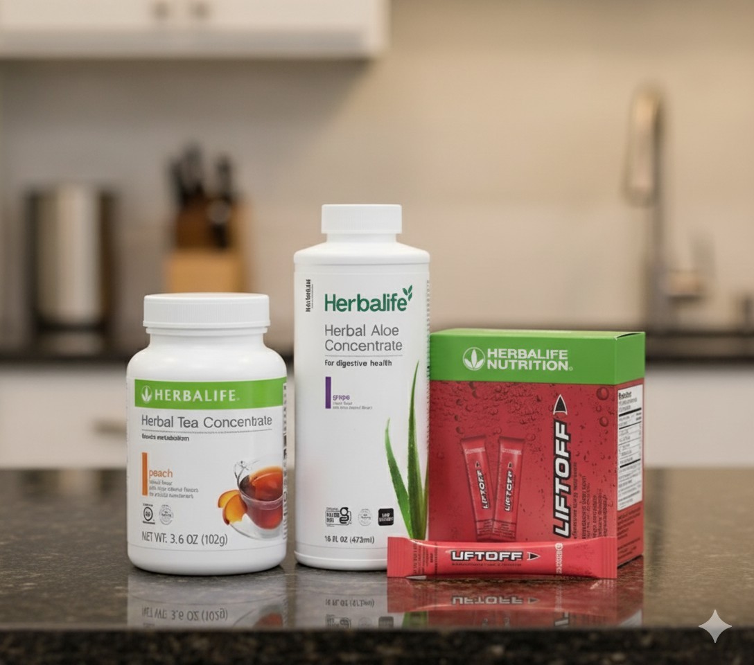 Herbalife Peach Tea 3.6 oz + Grape Aloe Pint+30 Pomegranate LiftOff Sticks