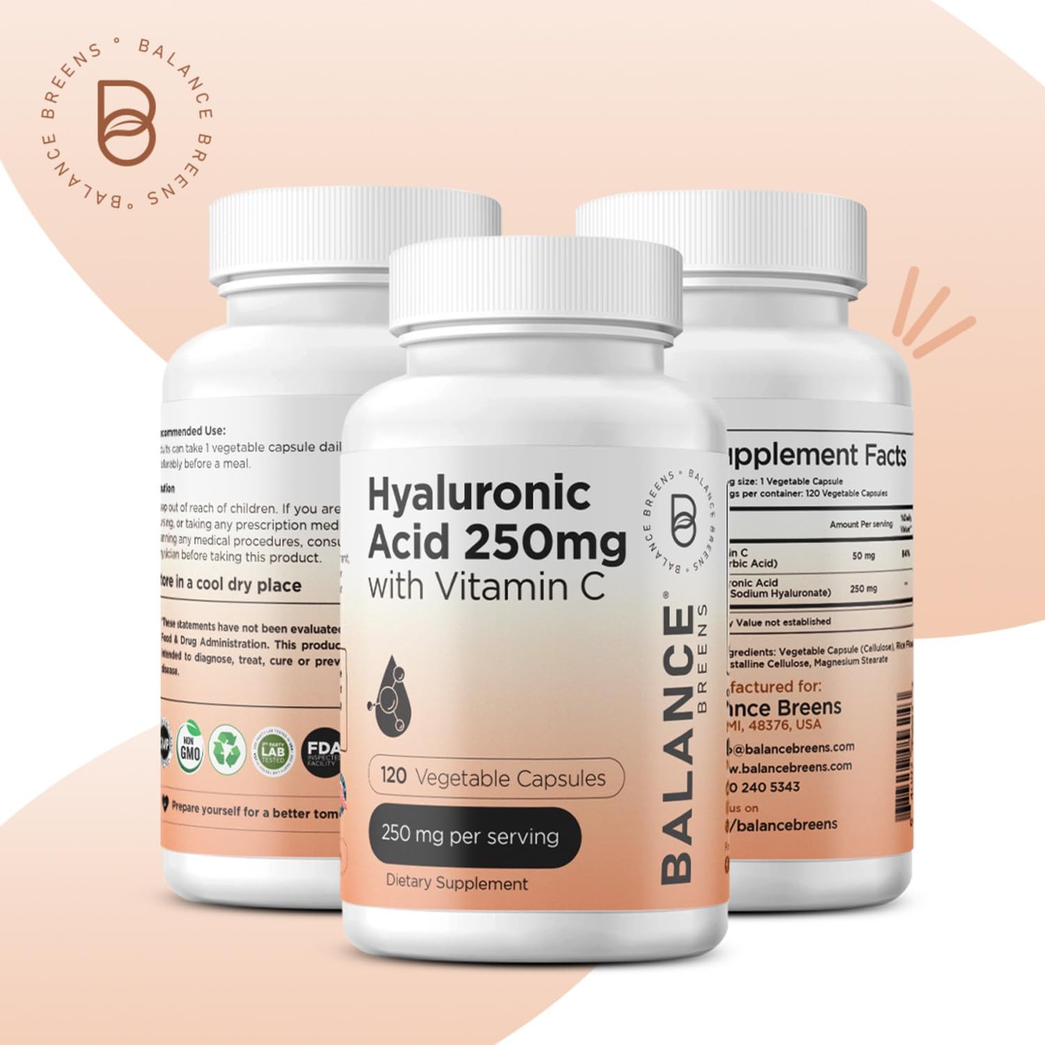 Pure Hyaluronic Acid Supplement 250mg with Vitamin C 120 Count (Pack of 1)
