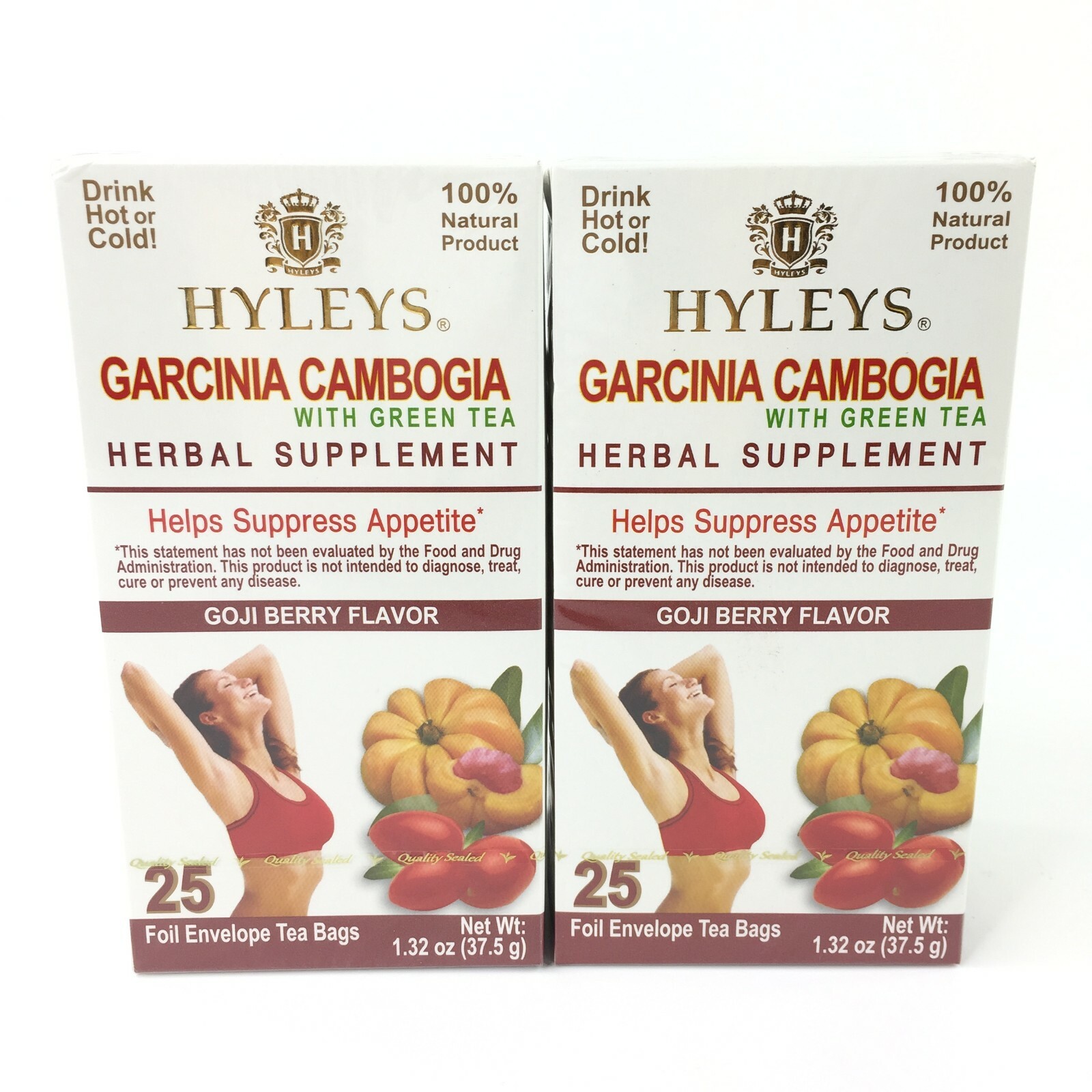 LOT OF 2 HYLEYS Garcinia Cambogia Green Tea Goji Berry flavor 25 Tea Bags Each