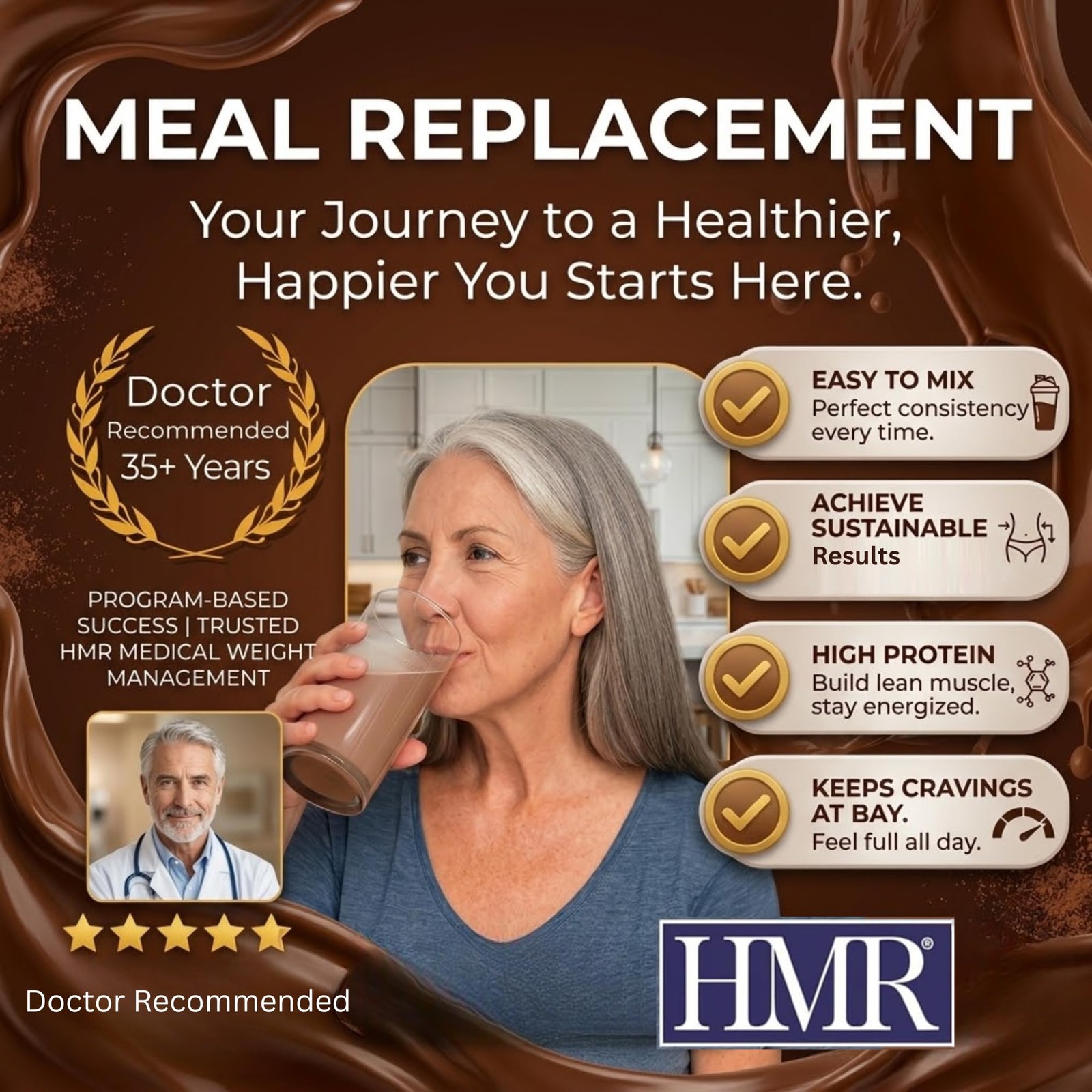 HMR 70 Plus Chocolate Shake & Pudding Mix | Meal Replacement Powder (Pack of 3)
