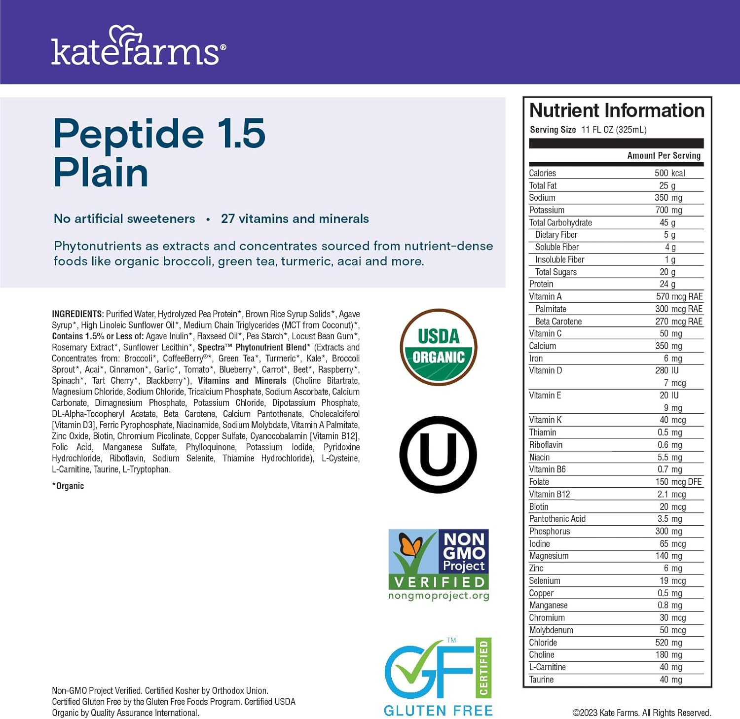 Organic Adult Peptide 1.5 Formula, Plain, Sole-Source, Hydrolyzed Plant-Based Nu