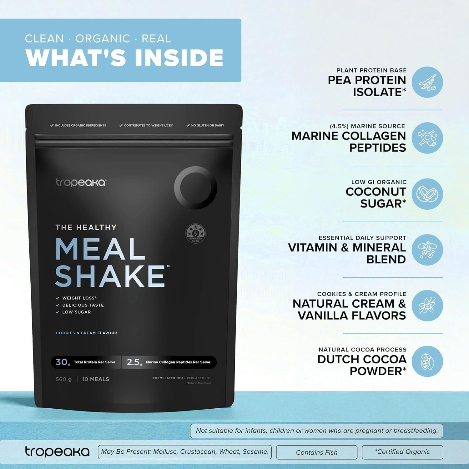 Tropeaka Meal Shake Cookies & Cream 30g Protein Collagen Fiber 10 Servings