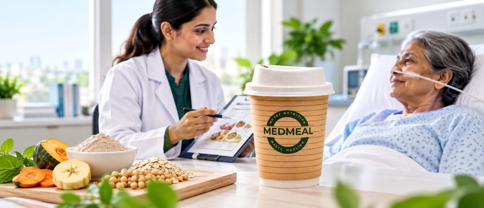 A smiling patient in a hospital bed, with a MedMeal cup and healthy ingredients on the table and a dietitian reviewing a meal plan nearby