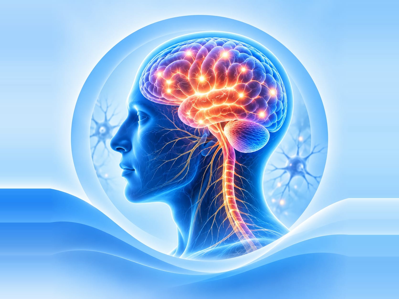 A glowing illustration of the human brain and nervous system