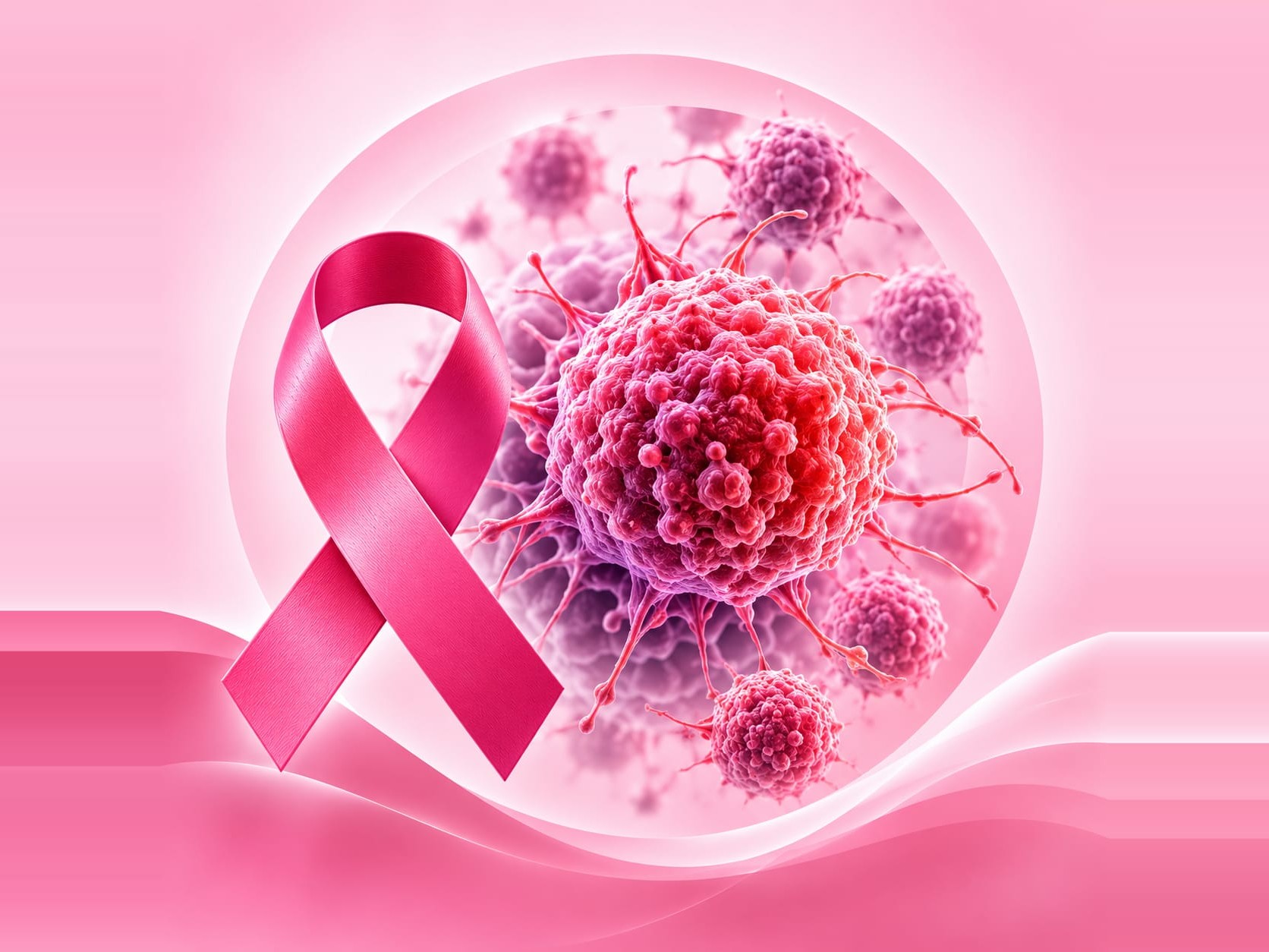A pink awareness ribbon beside an illustrated cancer cell