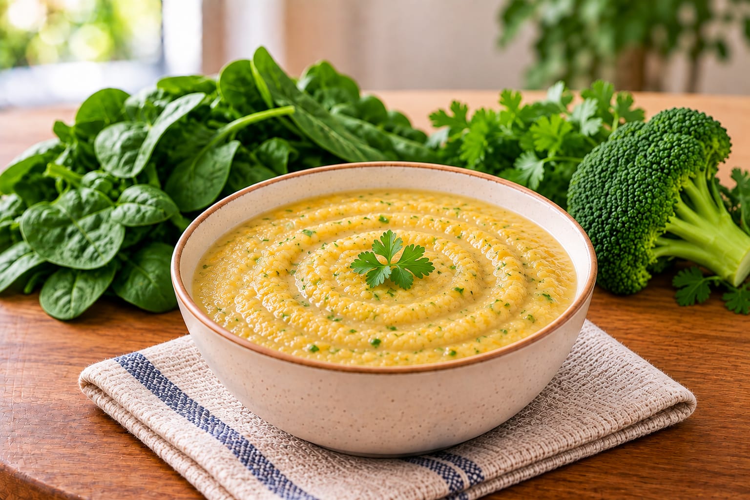 A bowl of smooth yellow semi-solid feed with a parsley leaf on top, beside fresh spinach, parsley and broccoli