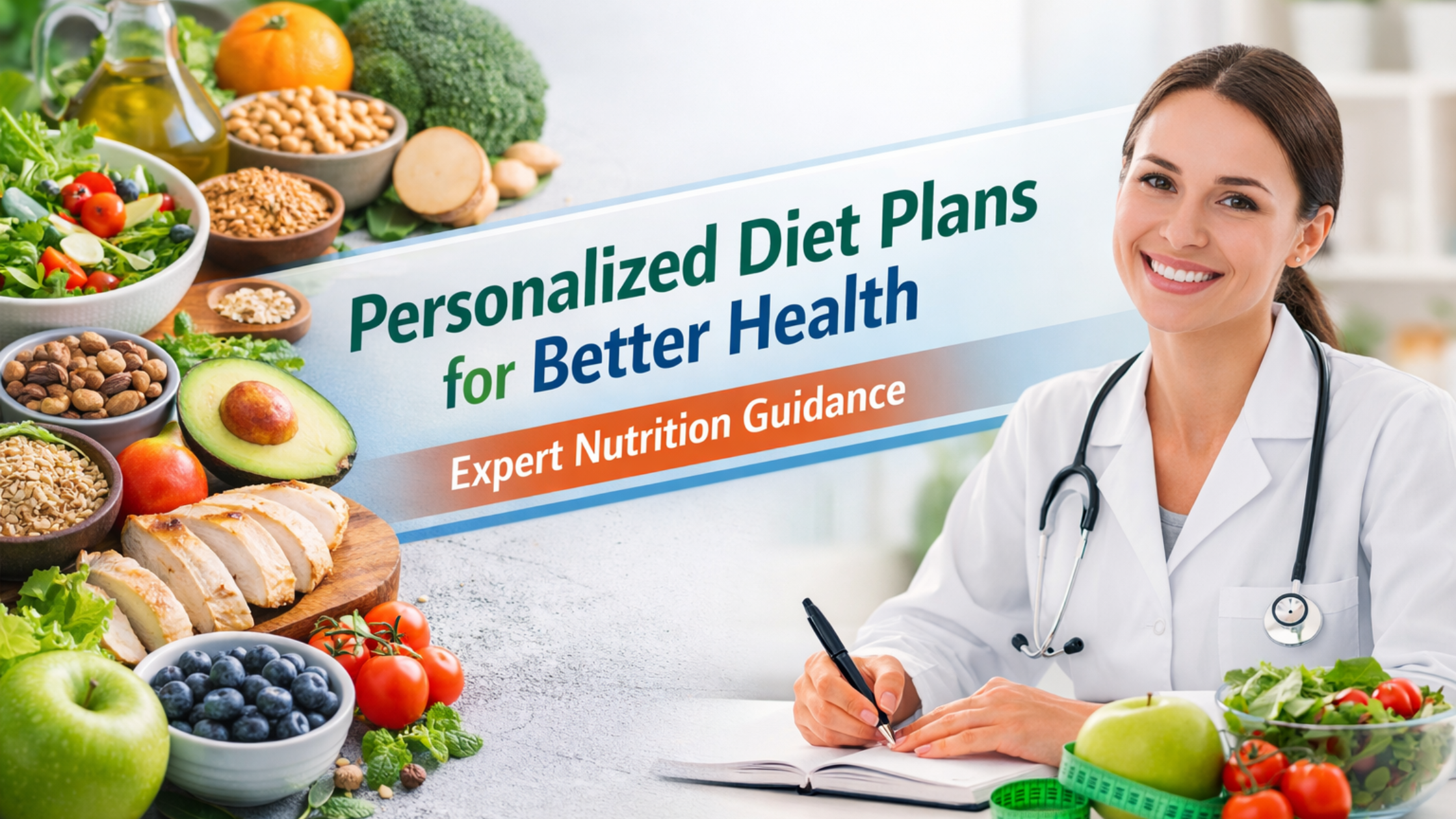Personalized diet plan consultation with healthy foods and professional dietitian for better health